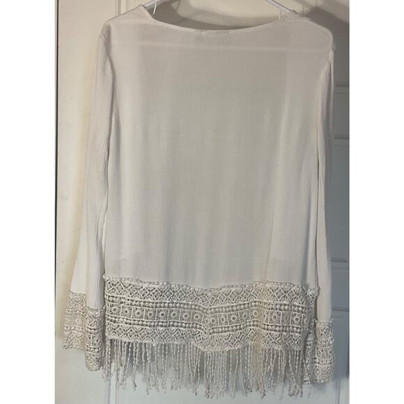 Cato White Open Front Long Sleeve Lace Hem & Cuff Fringed Hem Cardigan M - Picture 3 of 7